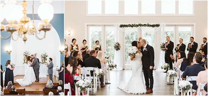 Premier Snohomish & Seattle Wedding Photographer | GSquared Weddings Photography Two Snohomish wedding photos: on the left, a couple shares their first kiss at the altar; on the right, the bride and groom kiss at the end of the aisle while guests and the wedding party celebrate in true Seattle style. 47.9129° N, 122.0982° W | Serving Snohomish, Seattle , Orlando & Beyond