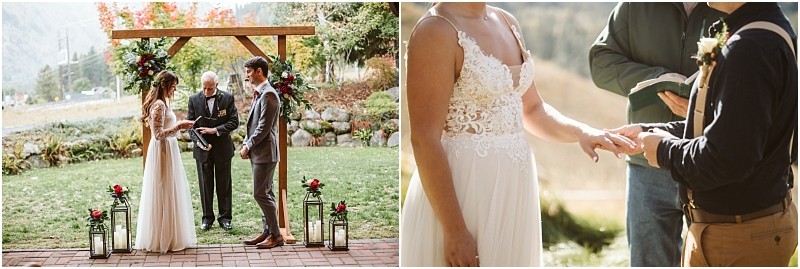 Premier Snohomish & Seattle Wedding Photographer | GSquared Weddings Photography A bride and groom exchange vows outdoors under a wooden arch with floral decorations during their Snohomish Seattle wedding; a close-up shows them holding hands as the groom places a ring on the bride’s finger. 47.9129° N, 122.0982° W | Serving Snohomish, Seattle , Orlando & Beyond
