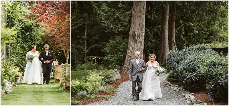 Premier Snohomish & Seattle Wedding Photographer | GSquared Weddings Photography Two photos of a bride in a white dress walking outdoors with her father; they’re surrounded by lush greenery during a beautiful Snohomish garden wedding ceremony. 47.9129° N, 122.0982° W | Serving Snohomish, Seattle , Orlando & Beyond