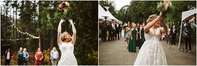 Premier Snohomish & Seattle Wedding Photographer | GSquared Weddings Photography At a Snohomish Seattle wedding, the bride in a white dress tosses her bouquet into the air as a group of women eagerly waits to catch it, all set against the backdrop of trees at this enchanting outdoor engagement. 47.9129° N, 122.0982° W | Serving Snohomish, Seattle , Orlando & Beyond