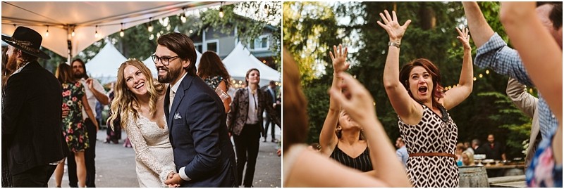 Premier Snohomish & Seattle Wedding Photographer | GSquared Weddings Photography Two wedding scenes: On the left, a smiling bride and groom dance outdoors under string lights at a Snohomish Seattle Wedding. On the right, a woman with raised arms celebrates energetically among other guests. 47.9129° N, 122.0982° W | Serving Snohomish, Seattle , Orlando & Beyond