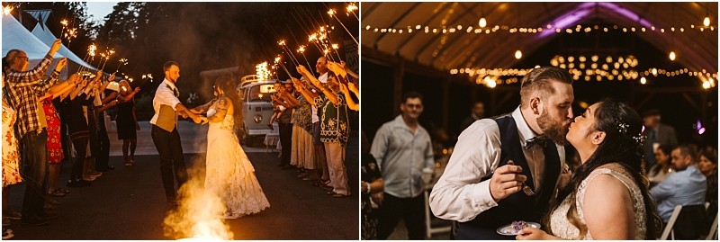 Premier Snohomish & Seattle Wedding Photographer | GSquared Weddings Photography Left: A Snohomish bride and groom dance outside at night surrounded by guests holding sparklers. Right: The couple kisses indoors under string lights while sharing cake, capturing a magical Seattle wedding celebration. 47.9129° N, 122.0982° W | Serving Snohomish, Seattle , Orlando & Beyond