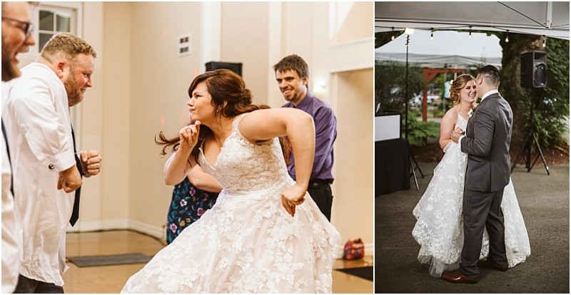 Premier Snohomish & Seattle Wedding Photographer | GSquared Weddings Photography Split image: On the left, a bride in a white lace gown dances playfully with guests indoors. On the right, the same couple share a slow dance outdoors under a tent, surrounded by greenery—a dreamy Snohomish Seattle wedding moment. 47.9129° N, 122.0982° W | Serving Snohomish, Seattle , Orlando & Beyond
