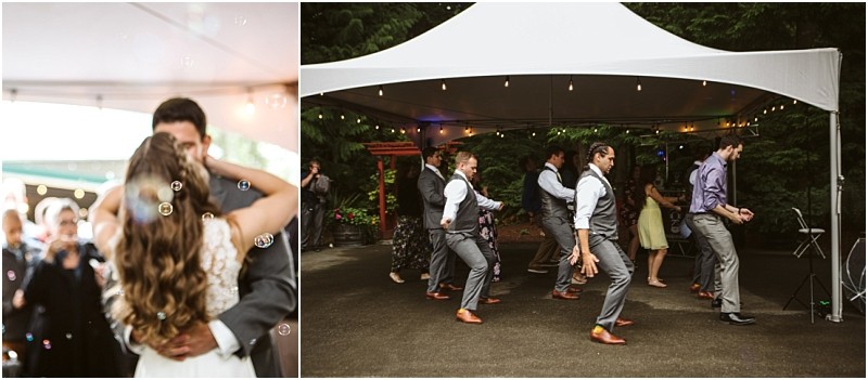 Premier Snohomish & Seattle Wedding Photographer | GSquared Weddings Photography A split image shows a couple dancing closely on the left, with bubbles floating around them at their Snohomish wedding. On the right, a group of people dances energetically under a white outdoor tent with string lights. 47.9129° N, 122.0982° W | Serving Snohomish, Seattle , Orlando & Beyond