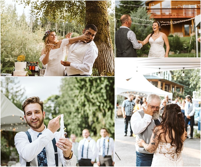 Premier Snohomish & Seattle Wedding Photographer | GSquared Weddings Photography A collage of outdoor Snohomish wedding scenes: a bride playfully feeding cake to the groom, a couple laughing on the dance floor, a smiling guest holding cake, and a bride dancing with her father at a rustic Seattle venue. 47.9129° N, 122.0982° W | Serving Snohomish, Seattle , Orlando & Beyond