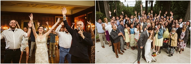 Premier Snohomish & Seattle Wedding Photographer | GSquared Weddings Photography Left: A Snohomish bride, groom, and guests dance indoors with arms raised, smiling joyfully. Right: Seattle wedding guests pose outdoors with raised hands, the happy couple in front, all celebrating together. 47.9129° N, 122.0982° W | Serving Snohomish, Seattle , Orlando & Beyond