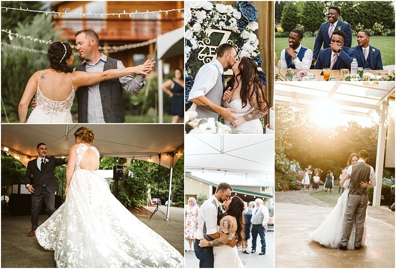 Premier Snohomish & Seattle Wedding Photographer | GSquared Weddings Photography A collage of Snohomish wedding photos, including a couple dancing, sharing a kiss, guests at tables, joyful dancing, and outdoor scenes with warm sunlight and greenery. The bride wears a flowing white dress. Perfect inspiration for your Seattle engagement. 47.9129° N, 122.0982° W | Serving Snohomish, Seattle , Orlando & Beyond