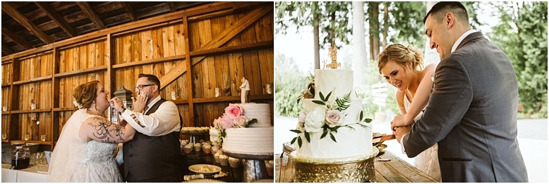 Premier Snohomish & Seattle Wedding Photographer | GSquared Weddings Photography Two photos of a Snohomish couple at their Seattle wedding: on the left, they playfully feed each other cake indoors; on the right, they cut a white wedding cake with floral decorations together, smiling. 47.9129° N, 122.0982° W | Serving Snohomish, Seattle , Orlando & Beyond