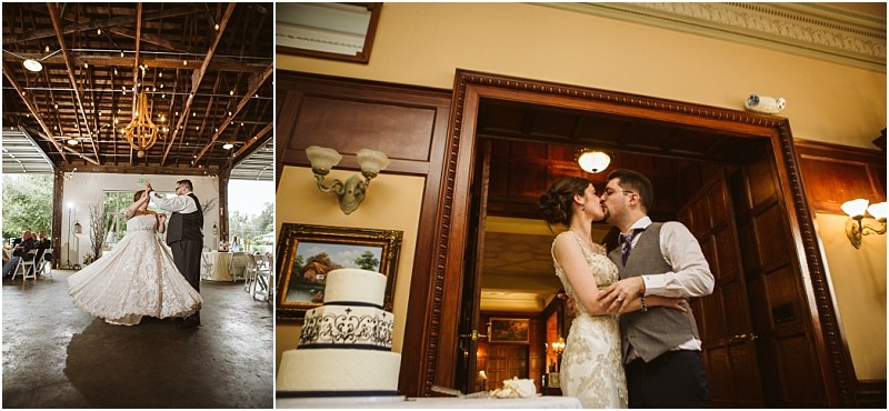 Premier Snohomish & Seattle Wedding Photographer | GSquared Weddings Photography Two wedding photos: On the left, a bride and groom dance in a spacious Snohomish venue with an exposed ceiling and chandelier. On the right, they share a kiss in a warmly lit wood-paneled room, a wedding cake in the foreground. 47.9129° N, 122.0982° W | Serving Snohomish, Seattle , Orlando & Beyond