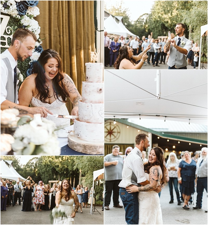 Premier Snohomish & Seattle Wedding Photographer | GSquared Weddings Photography A collage of Snohomish wedding moments: the bride and groom cut the cake, the groom gives a speech, the bride tosses her bouquet, and the couple dances outdoors under tents, surrounded by guests. 47.9129° N, 122.0982° W | Serving Snohomish, Seattle , Orlando & Beyond