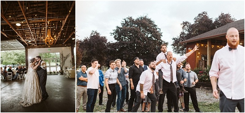 Premier Snohomish & Seattle Wedding Photographer | GSquared Weddings Photography A split image captures a Snohomish Seattle wedding: on the left, a bride and groom dance in a rustic barn with chandeliers; on the right, men eagerly await the bouquet or garter toss outside. 47.9129° N, 122.0982° W | Serving Snohomish, Seattle , Orlando & Beyond