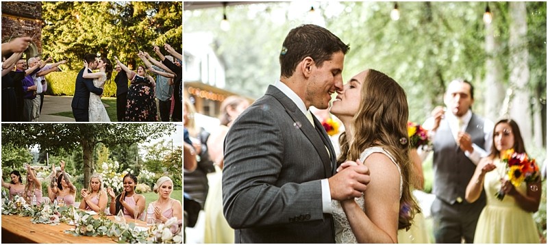 Premier Snohomish & Seattle Wedding Photographer | GSquared Weddings Photography A collage of Snohomish wedding scenes: guests cheering, bridesmaids at a table, and a bride and groom sharing a kiss during their first dance, surrounded by their wedding party outdoors near Seattle. 47.9129° N, 122.0982° W | Serving Snohomish, Seattle , Orlando & Beyond