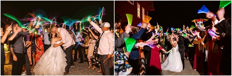 Premier Snohomish & Seattle Wedding Photographer | GSquared Weddings Photography Two wedding photos: A newlywed couple celebrates at night at a Snohomish Seattle wedding while guests wave colorful glow sticks, creating bright light trails as the couple kisses and laughs, surrounded by cheering friends and family. 47.9129° N, 122.0982° W | Serving Snohomish, Seattle , Orlando & Beyond