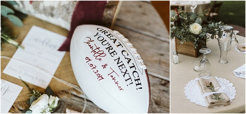 Premier Snohomish & Seattle Wedding Photographer | GSquared Weddings Photography A white football with “GREAT CATCH! YOU’RE NEXT! Chantelle & Tanner 09.07.2019” sits among wedding invitations and flowers. Beside it, a rustic Snohomish wedding table is set with flowers, napkins, and glasses. 47.9129° N, 122.0982° W | Serving Snohomish, Seattle , Orlando & Beyond