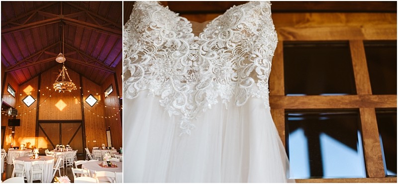 Premier Snohomish & Seattle Wedding Photographer | GSquared Weddings Photography Split image: Left side shows a rustic Snohomish barn wedding venue with wooden beams, chandeliers, and decorated tables; right side is a close-up of a lace wedding dress bodice hanging on a wooden door, perfect for your Seattle engagement story. 47.9129° N, 122.0982° W | Serving Snohomish, Seattle , Orlando & Beyond