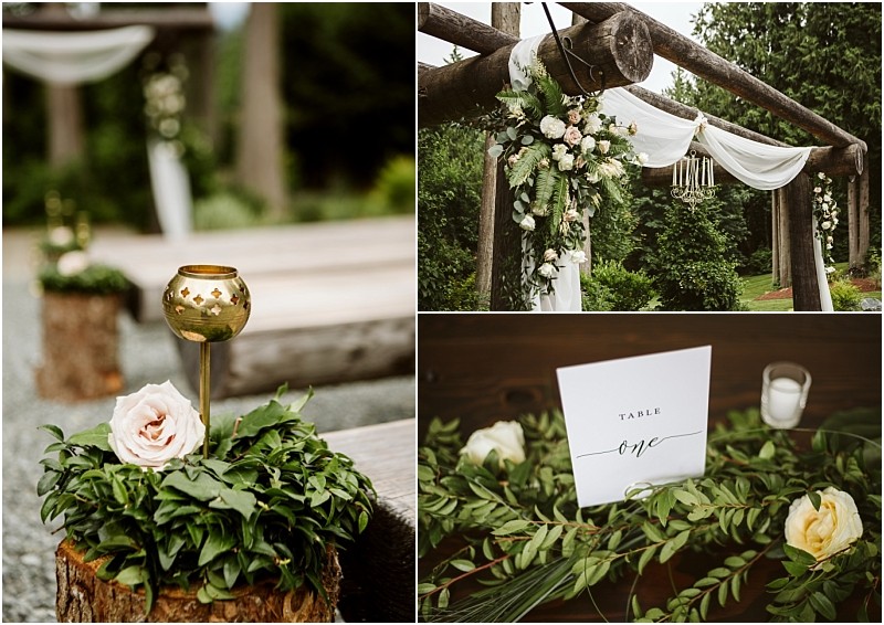 Premier Snohomish & Seattle Wedding Photographer | GSquared Weddings Photography Collage featuring outdoor wedding decor: a gold candleholder with a pink rose, a wooden arch with white fabric and flowers, and a “Table One” sign surrounded by greenery and cream roses—perfect for a Snohomish Seattle wedding or engagement. 47.9129° N, 122.0982° W | Serving Snohomish, Seattle , Orlando & Beyond