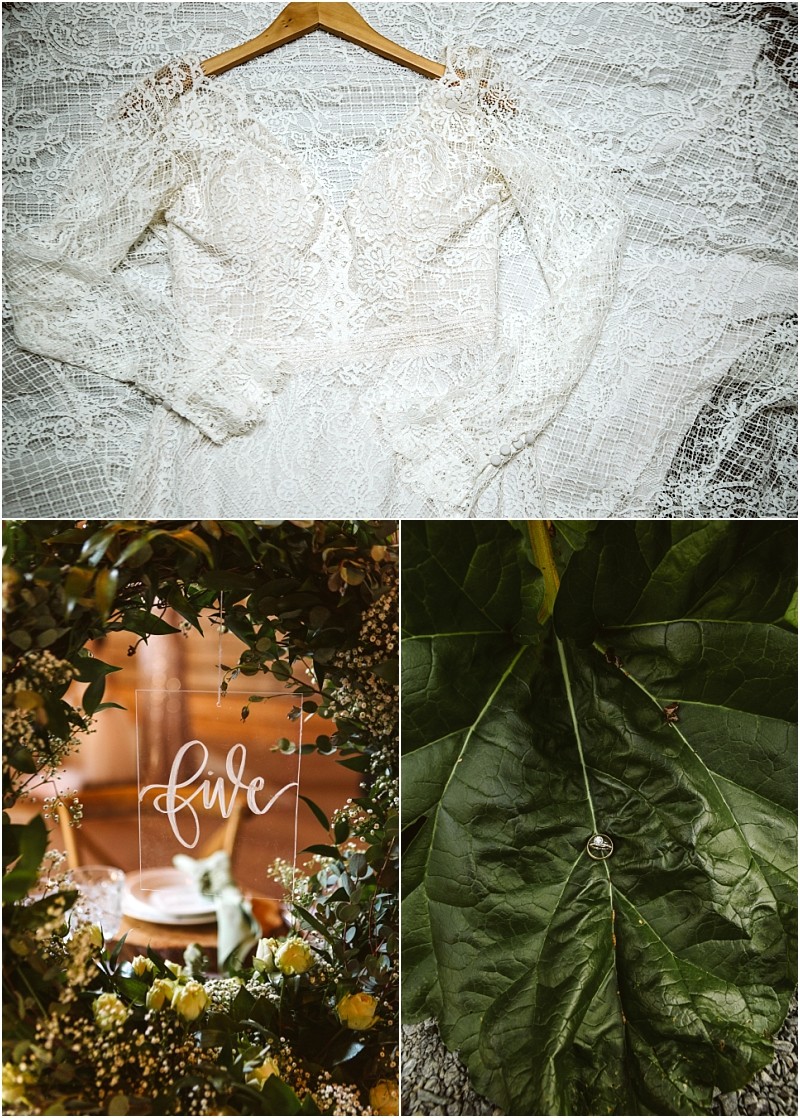 Premier Snohomish & Seattle Wedding Photographer | GSquared Weddings Photography A collage featuring a lace wedding dress on a hanger, a close-up of a wedding ring on a green leaf, and an elegant table setting with greenery and a “five” sign—perfect inspiration for your Snohomish or Seattle wedding engagement. 47.9129° N, 122.0982° W | Serving Snohomish, Seattle , Orlando & Beyond