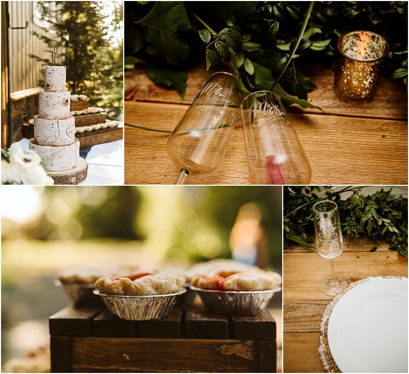 Premier Snohomish & Seattle Wedding Photographer | GSquared Weddings Photography A collage of rustic wedding details: a tiered naked cake on wooden stands, two engraved wine glasses, small pies in foil tins, and elegant table settings—perfect inspiration for a Snohomish or Seattle wedding or engagement celebration. 47.9129° N, 122.0982° W | Serving Snohomish, Seattle , Orlando & Beyond