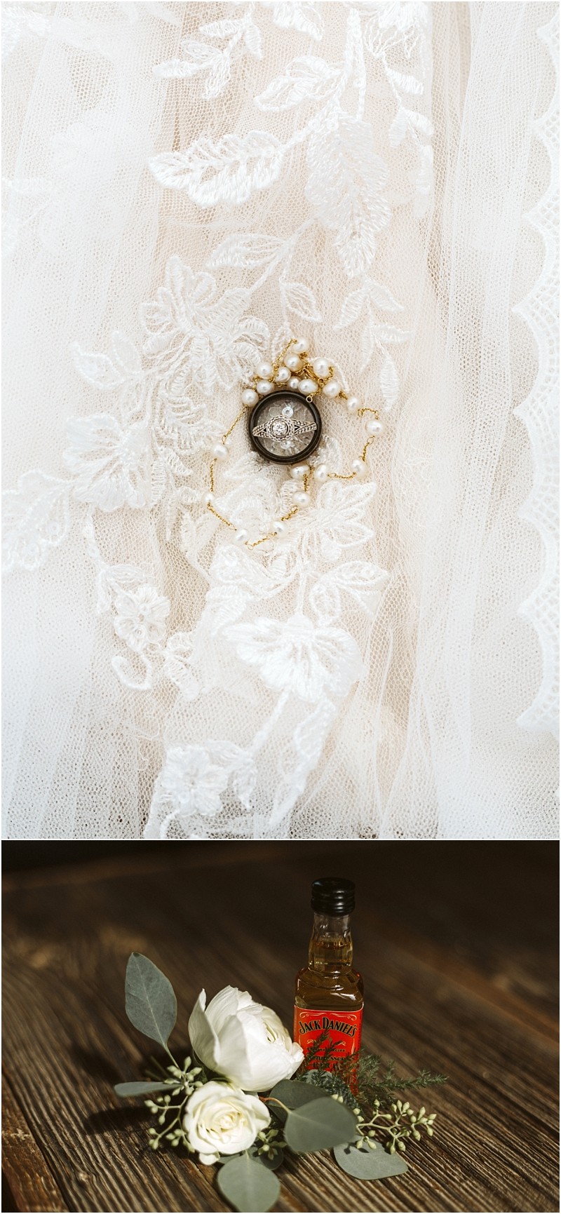 Premier Snohomish & Seattle Wedding Photographer | GSquared Weddings Photography Close-up of wedding rings and small white flowers on lace fabric, perfect for a Snohomish or Seattle wedding, and a second image of a mini whiskey bottle with white roses and greenery on a wooden surface. 47.9129° N, 122.0982° W | Serving Snohomish, Seattle , Orlando & Beyond