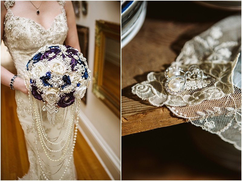 Premier Snohomish & Seattle Wedding Photographer | GSquared Weddings Photography Left: Bride in an ornate dress holding a bouquet of white and purple fabric flowers, adorned with pearls and jewels—perfect for a Snohomish Seattle wedding. Right: Pearl earrings and lace fabric resting on a wooden surface. 47.9129° N, 122.0982° W | Serving Snohomish, Seattle , Orlando & Beyond