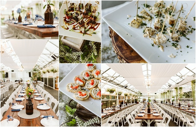 Premier Snohomish & Seattle Wedding Photographer | GSquared Weddings Photography Collage of elegant Snohomish and Seattle wedding table setups with rustic centerpieces and plates, plus close-ups of appetizers on skewers and bite-sized hors d’oeuvres, all in a bright venue filled with natural light and greenery—perfect for an engagement. 47.9129° N, 122.0982° W | Serving Snohomish, Seattle , Orlando & Beyond