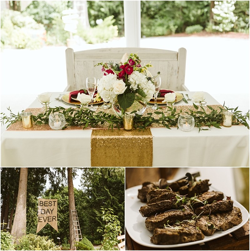 Premier Snohomish & Seattle Wedding Photographer | GSquared Weddings Photography A decorated Snohomish wedding table with flowers, candles, and gold accents; a BEST DAY EVER banner hung between trees; and a plate of grilled meat garnished with herbs—perfect for a Seattle engagement celebration. 47.9129° N, 122.0982° W | Serving Snohomish, Seattle , Orlando & Beyond