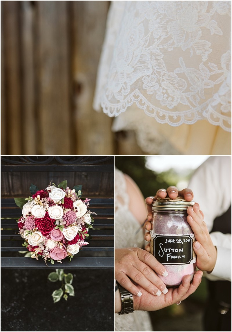 Premier Snohomish & Seattle Wedding Photographer | GSquared Weddings Photography A collage showing lace detail on a white wedding dress, a bouquet of white, pink, and red flowers, and two hands holding a mason jar labeled June 28, 2014, Sutton Family—a charming glimpse of a Snohomish Seattle wedding engagement. 47.9129° N, 122.0982° W | Serving Snohomish, Seattle , Orlando & Beyond