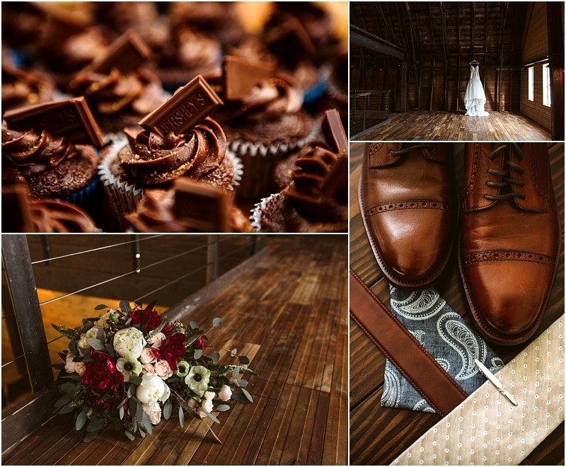 Premier Snohomish & Seattle Wedding Photographer | GSquared Weddings Photography A collage shows chocolate cupcakes with Hershey’s pieces, a bride in a rustic wooden venue near Snohomish, brown leather shoes with a paisley tie and belt, a bouquet of red and white flowers, and close-up wooden flooring—perfect for a Seattle wedding. 47.9129° N, 122.0982° W | Serving Snohomish, Seattle , Orlando & Beyond