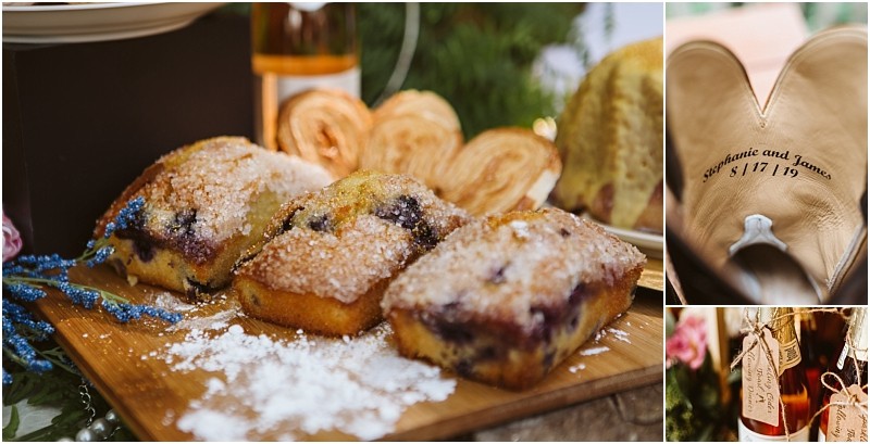 Premier Snohomish & Seattle Wedding Photographer | GSquared Weddings Photography A close-up of sugared blueberry pound cakes on a table, with a bottle of amber liquid, pastries, and cowboy boots engraved with Stephanie and James 5/17/19 in the background at a Snohomish Seattle wedding engagement. 47.9129° N, 122.0982° W | Serving Snohomish, Seattle , Orlando & Beyond