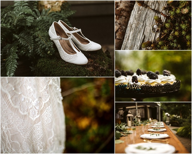 Premier Snohomish & Seattle Wedding Photographer | GSquared Weddings Photography A collage featuring white wedding shoes, a ring on mossy wood, a berry-topped cake, a lace dress, and a rustic outdoor table set for a meal—perfect inspiration for a Snohomish Seattle wedding engagement surrounded by greenery and natural elements. 47.9129° N, 122.0982° W | Serving Snohomish, Seattle , Orlando & Beyond