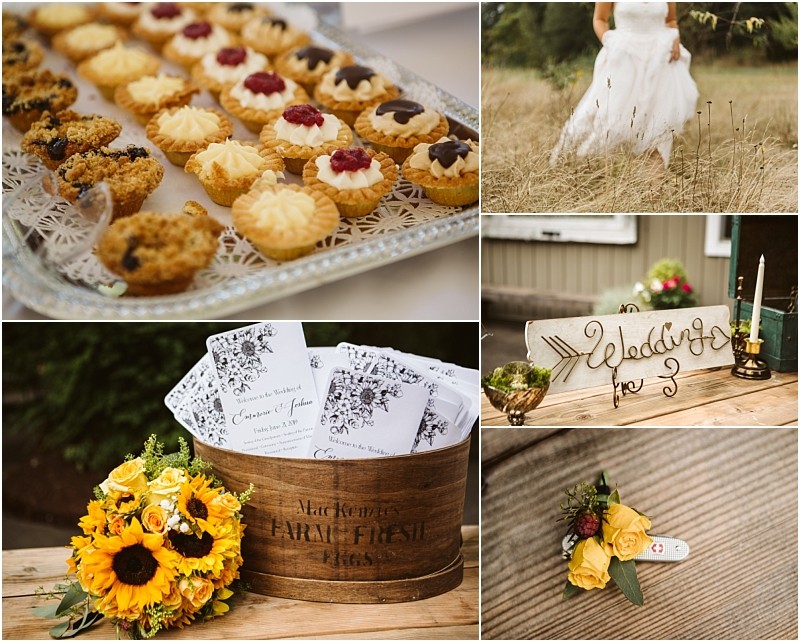Premier Snohomish & Seattle Wedding Photographer | GSquared Weddings Photography A collage of Snohomish wedding details: assorted pastries, a bride walking in a field, a “Welcome” sign, sunflower bouquet with programs in a rustic box, and a yellow rose boutonniere on a wooden surface. 47.9129° N, 122.0982° W | Serving Snohomish, Seattle , Orlando & Beyond