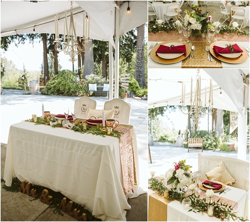 Premier Snohomish & Seattle Wedding Photographer | GSquared Weddings Photography Elegant outdoor wedding reception setup in Snohomish near Seattle, featuring a sweetheart table with gold accents, white and gold chairs, “Mr & Mrs” sign, chandelier, and settings with burgundy napkins and floral centerpieces. 47.9129° N, 122.0982° W | Serving Snohomish, Seattle , Orlando & Beyond