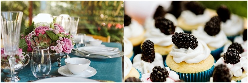 Premier Snohomish & Seattle Wedding Photographer | GSquared Weddings Photography Elegant table setting with glassware, white dishes, and a pink floral centerpiece—perfect for a Snohomish or Seattle wedding—next to vanilla cupcakes topped with white frosting and fresh blackberries. 47.9129° N, 122.0982° W | Serving Snohomish, Seattle , Orlando & Beyond