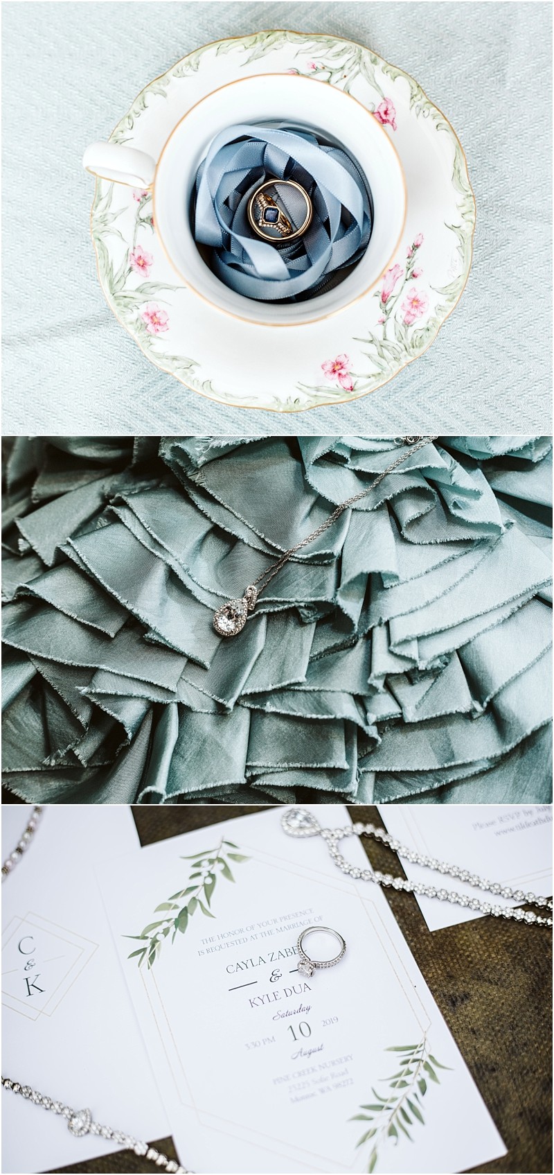 Premier Snohomish & Seattle Wedding Photographer | GSquared Weddings Photography A collage of three images: a Snohomish bridal ring set in a floral teacup with blue ribbon, a diamond earring on pale blue ruffled fabric, and elegant Seattle wedding jewelry arranged on top of wedding invitations. 47.9129° N, 122.0982° W | Serving Snohomish, Seattle , Orlando & Beyond