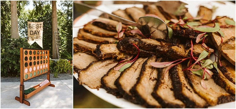 Premier Snohomish & Seattle Wedding Photographer | GSquared Weddings Photography A collage showing a large Connect Four game outdoors next to a “Best Day Ever” banner at a Snohomish Seattle wedding, and a close-up of sliced grilled meat garnished with microgreens on a white plate with a serving utensil. 47.9129° N, 122.0982° W | Serving Snohomish, Seattle , Orlando & Beyond