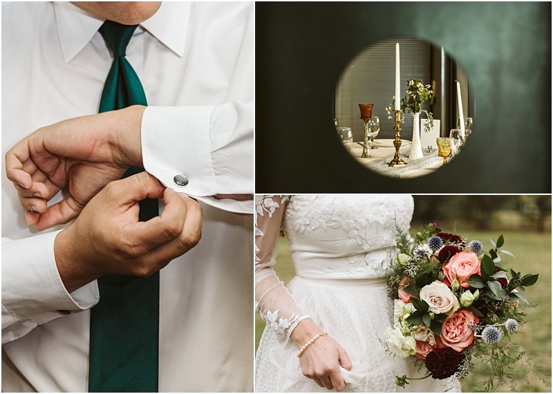 Premier Snohomish & Seattle Wedding Photographer | GSquared Weddings Photography A collage with three photos: a man fastening cufflinks on his white shirt, a table set with candles and glassware seen through a small round window, and a bride holding a bouquet—capturing timeless Snohomish and Seattle wedding moments. 47.9129° N, 122.0982° W | Serving Snohomish, Seattle , Orlando & Beyond