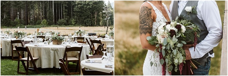 Premier Snohomish & Seattle Wedding Photographer | GSquared Weddings Photography Left: Outdoor Snohomish wedding reception setup with round tables, white tablecloths, and wooden chairs on grass. Right: Bride holding a large bouquet stands next to groom; only their torsos are visible—perfect Seattle wedding inspiration. 47.9129° N, 122.0982° W | Serving Snohomish, Seattle , Orlando & Beyond