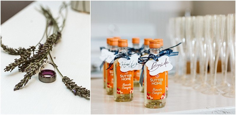 Premier Snohomish & Seattle Wedding Photographer | GSquared Weddings Photography A close-up of lavender sprigs with a purple pendant next to mini Moscato Sangria bottles labeled “Bride” and “Holly,” with champagne flutes in the background—perfect for a Snohomish Seattle wedding or engagement celebration. 47.9129° N, 122.0982° W | Serving Snohomish, Seattle , Orlando & Beyond