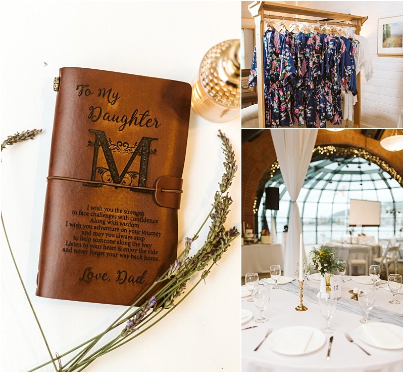 Premier Snohomish & Seattle Wedding Photographer | GSquared Weddings Photography A leather journal inscribed To My Daughter, floral robes hanging on a rack, and a wedding table set with plates, glasses, and a floral centerpiece under a dome ceiling at a beautiful Snohomish Seattle wedding. 47.9129° N, 122.0982° W | Serving Snohomish, Seattle , Orlando & Beyond