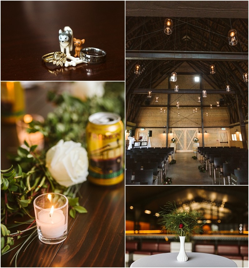 Premier Snohomish & Seattle Wedding Photographer | GSquared Weddings Photography A collage of wedding details: rings with dog figurines, a rustic Snohomish barn venue set for a ceremony, a white rose and beer can, a candle, and greenery in a white vase on a table. 47.9129° N, 122.0982° W | Serving Snohomish, Seattle , Orlando & Beyond