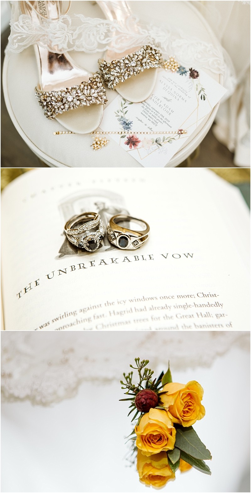 Premier Snohomish & Seattle Wedding Photographer | GSquared Weddings Photography Three wedding-themed photos: jeweled accessories and an invitation on lace, two rings on a book open to “The Unbreakable Vow,” and a small bouquet with yellow roses—perfect inspiration for your Snohomish Seattle wedding or engagement. 47.9129° N, 122.0982° W | Serving Snohomish, Seattle , Orlando & Beyond