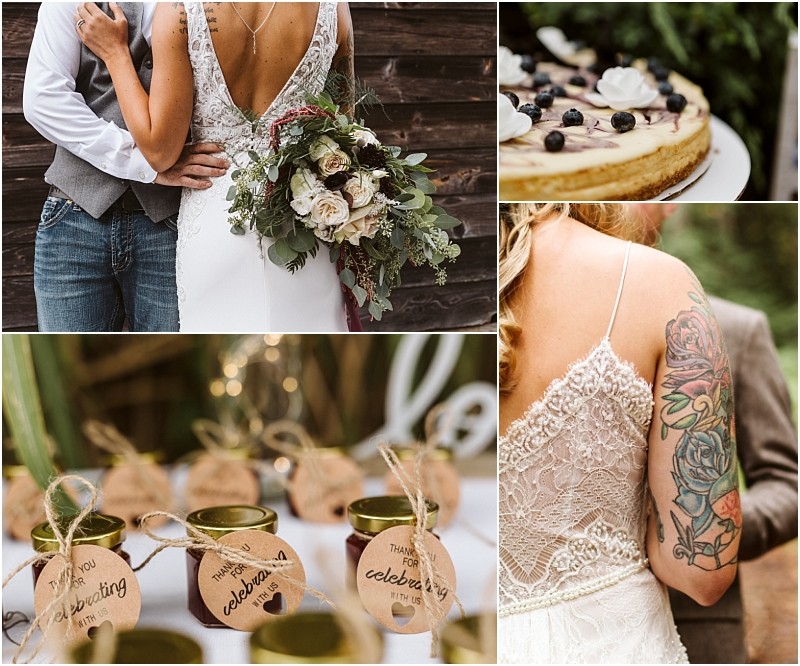 Premier Snohomish & Seattle Wedding Photographer | GSquared Weddings Photography Collage of rustic Snohomish wedding scenes: a bride in a lace dress holding a bouquet, berry-topped cake, the bride's floral tattoo, and small favor jars with Thank you for celebrating with us tags. 47.9129° N, 122.0982° W | Serving Snohomish, Seattle , Orlando & Beyond