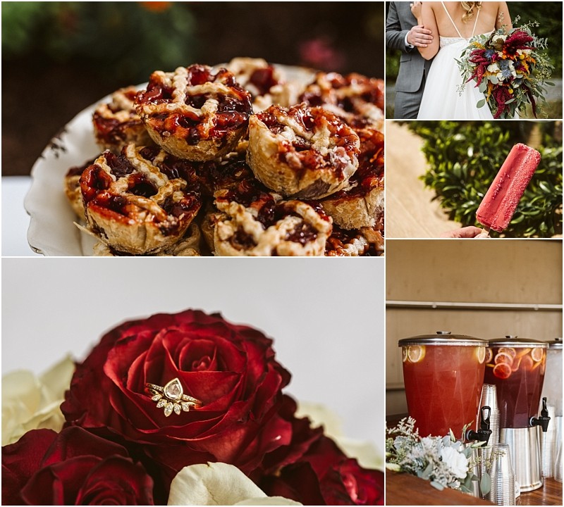 Premier Snohomish & Seattle Wedding Photographer | GSquared Weddings Photography A collage featuring mini lattice pies, a bride holding a bouquet, a hand with a red popsicle, dispensers with pink drinks, and a diamond ring on a red rose—perfect inspiration for your Snohomish or Seattle wedding engagement. 47.9129° N, 122.0982° W | Serving Snohomish, Seattle , Orlando & Beyond