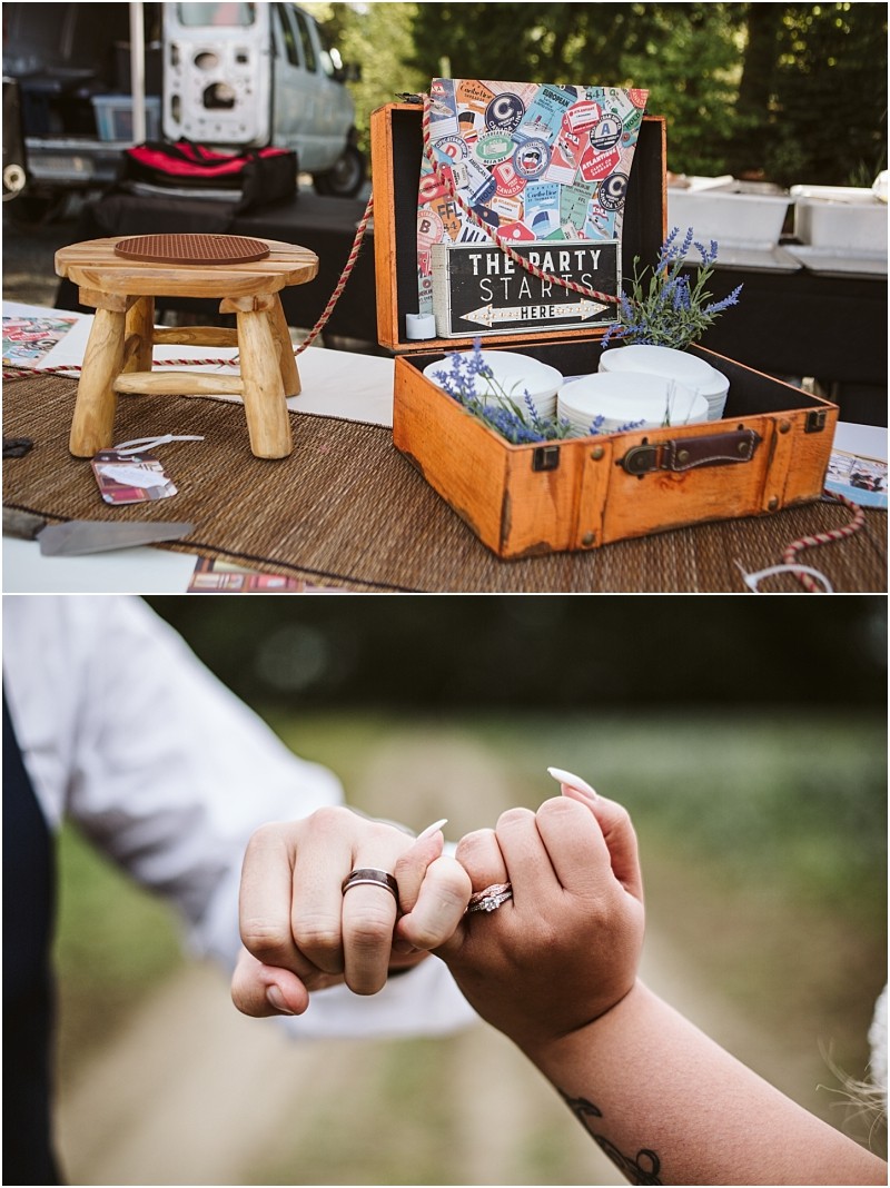 Premier Snohomish & Seattle Wedding Photographer | GSquared Weddings Photography Top: A rustic suitcase open on a table with party decorations, lavender sprigs, and a sign reading The Party Starts at a Snohomish Seattle wedding. Bottom: Two people linking pinky fingers, showing off their engagement rings outdoors. 47.9129° N, 122.0982° W | Serving Snohomish, Seattle , Orlando & Beyond