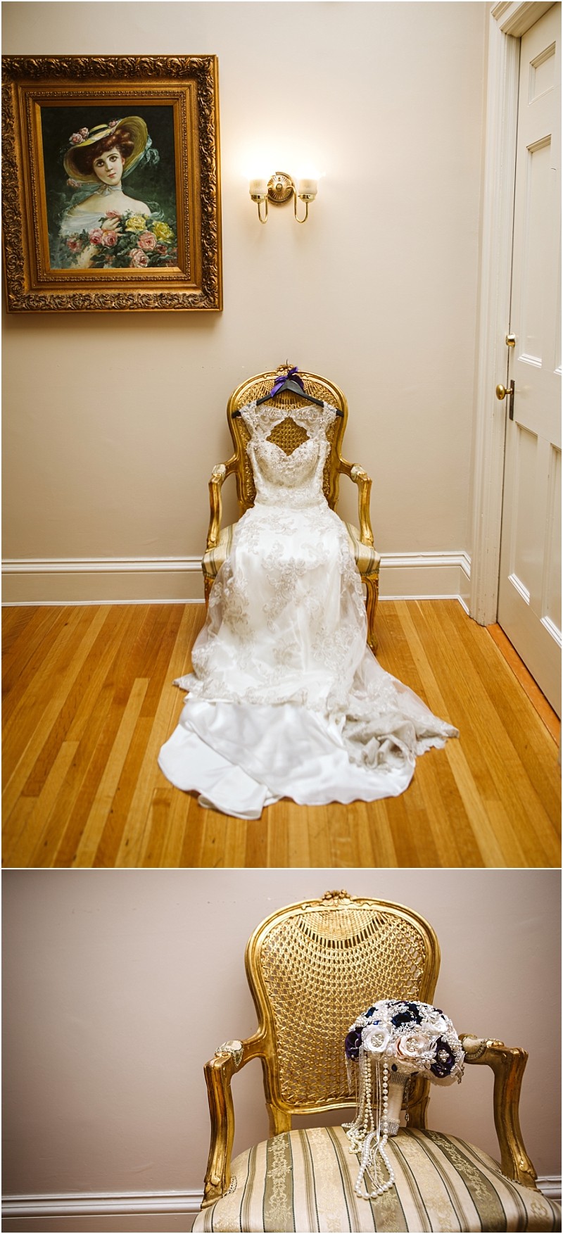 Premier Snohomish & Seattle Wedding Photographer | GSquared Weddings Photography A vintage lace wedding dress is draped over a gold and cream chair beneath a framed painting, with a jeweled bridal bouquet resting on the seat—capturing timeless Snohomish Seattle wedding elegance. 47.9129° N, 122.0982° W | Serving Snohomish, Seattle , Orlando & Beyond