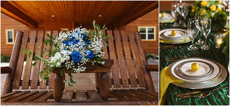 Premier Snohomish & Seattle Wedding Photographer | GSquared Weddings Photography A wooden bench holds a bouquet of blue and white flowers. Next to it, an elegant table is set with plates, glasses, yellow napkins, and small yellow fruits—perfect inspiration for a Snohomish Seattle wedding or engagement celebration. 47.9129° N, 122.0982° W | Serving Snohomish, Seattle , Orlando & Beyond