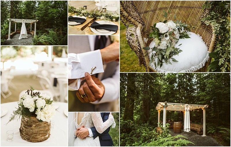Premier Snohomish & Seattle Wedding Photographer | GSquared Weddings Photography A collage of rustic Snohomish wedding details, featuring a wooden arbor in a forest, a cake with flowers and a Nine topper, table settings, a peacock chair with florals, cufflinks, and a couple embracing. 47.9129° N, 122.0982° W | Serving Snohomish, Seattle , Orlando & Beyond