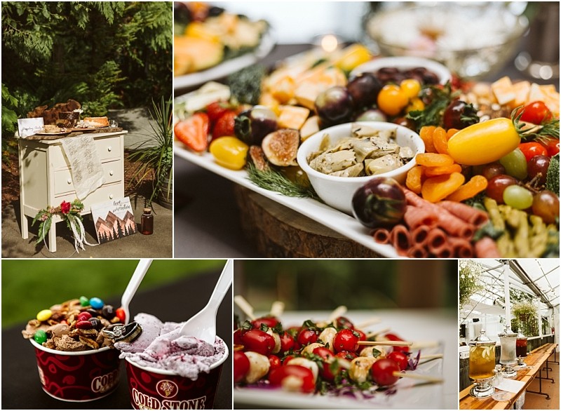 Premier Snohomish & Seattle Wedding Photographer | GSquared Weddings Photography A collage captures a Snohomish Seattle wedding engagement with a cheese and fruit platter, Mediterranean appetizers, Cold Stone ice cream, a garden drink station, and a rustic table with maps—all set at an inviting outdoor event. 47.9129° N, 122.0982° W | Serving Snohomish, Seattle , Orlando & Beyond