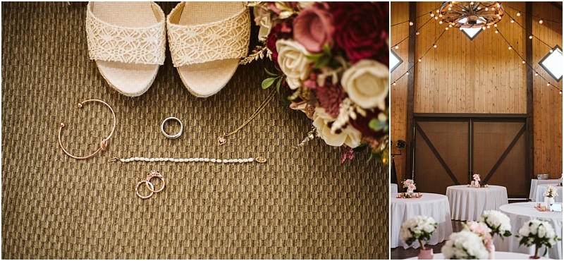 Premier Snohomish & Seattle Wedding Photographer | GSquared Weddings Photography Left: Lace wedding shoes, jewelry, and bouquet arranged on a carpet. Right: A rustic Snohomish wedding venue near Seattle features wooden walls, round tables with white cloths, and a floral centerpiece under a decorative chandelier. 47.9129° N, 122.0982° W | Serving Snohomish, Seattle , Orlando & Beyond