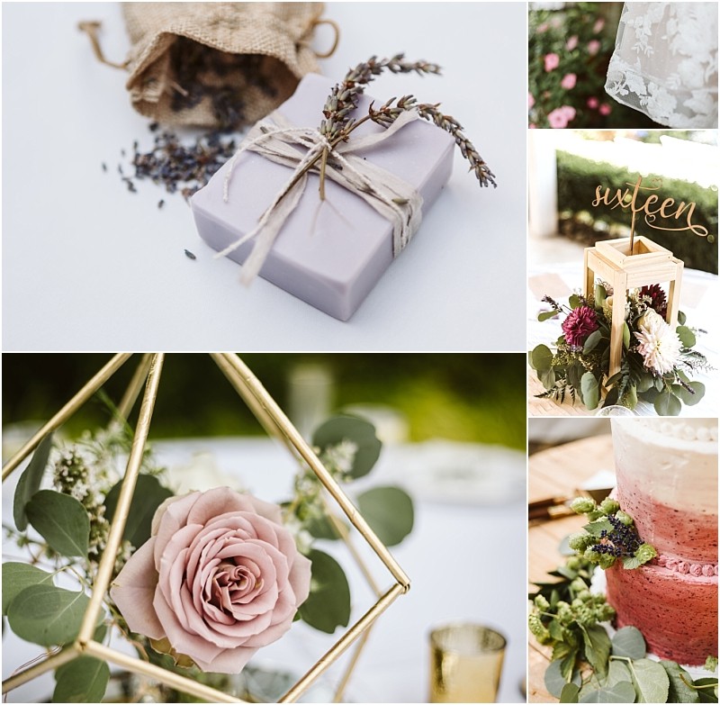 Premier Snohomish & Seattle Wedding Photographer | GSquared Weddings Photography A collage featuring a lavender-wrapped gift with twine and dried lavender, floral arrangements with roses and greenery, geometric gold decor, and a tiered pink cake adorned with flowers—perfect inspiration for a Snohomish Seattle wedding or engagement. 47.9129° N, 122.0982° W | Serving Snohomish, Seattle , Orlando & Beyond